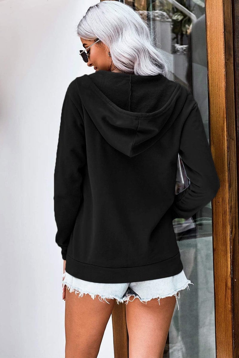 WROLEM Women Casual Zip Up Hoodie Lightweight Comfy Loose Long Sleeve Sweatshirt Solid Color With Pockets Medium Black - Image 5